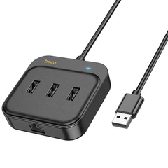 Переходник HUB Hoco HB35 Easy link 4-in-1 Gigabit Ethernet Adapter (USB to USB3.0*3+RJ45) (L=0.2M) Черный