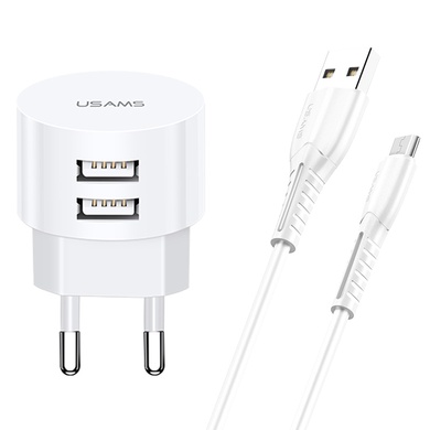 МЗП USAMS T20 Dual USB Round Travel Charger (EU) + U35 Micro USB cable, Білий