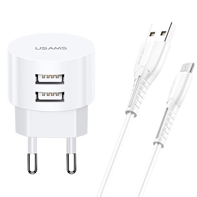 МЗП USAMS T20 Dual USB Round Travel Charger (EU) + U35 Micro USB cable, Білий