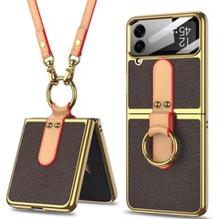 Кожаный чехол GKK with ring and strap для Samsung Galaxy Z Flip4 Brown