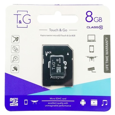 Карта пам'яті T&G microSDHC 8 GB class 10 (з адаптером), Чорний