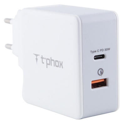 МЗП PD адаптер T-phox (48W: PD 30W + USB QuickCharge QC 3.0 18W), Білий